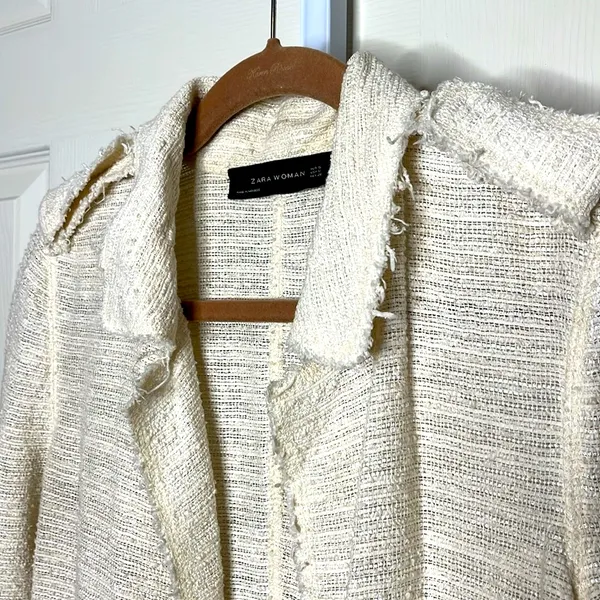 Zara Cream Tweed Long Cardigan Small - Image 5
