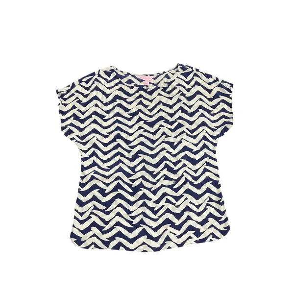 Lilly Pulitzer Silk Navy Blue Chevron Bird Print Blouse SZ M Boxy Fit Nautical - Image 2