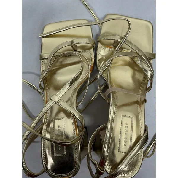 Womans Top Shop Strappy Sandal 8 Gold Square Open Toe Thong Ankle Tie Heel - Image 6