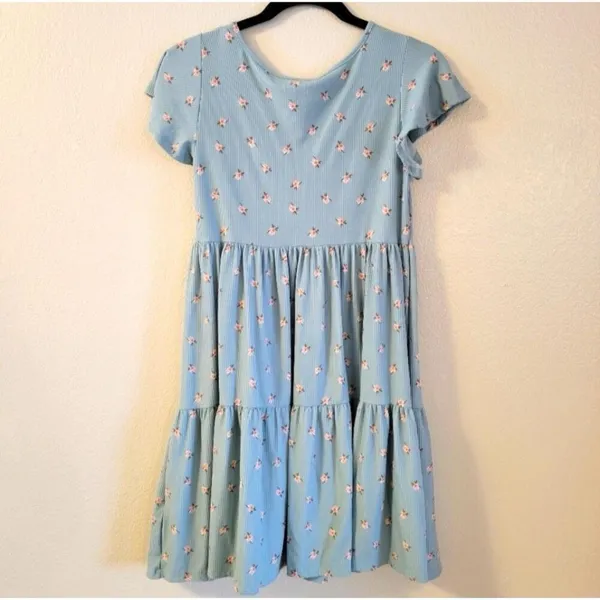 NEW Jessica Simpson Floral Tiered Dress Sage Green SMALL Shorts Sleeve feminine - Image 5