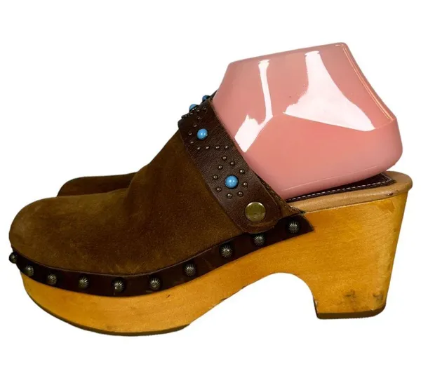 Dingo Woodstock DI 149 Brown Suede Turquoise Western Wooden Clogs Women's 8.5 - Image 6