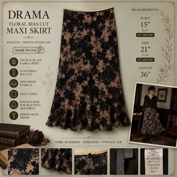 VTG Drama Floral Bias Cut Maxi Skirt 8 Taupe Black Made USA‎ Dark Academia - Image 11