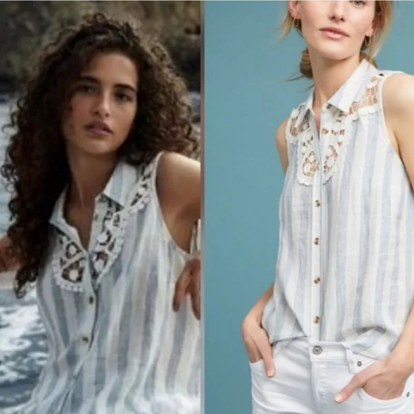Anthropologie Maeve Edinboro Linen Top blue white‎ sz M - Image 2