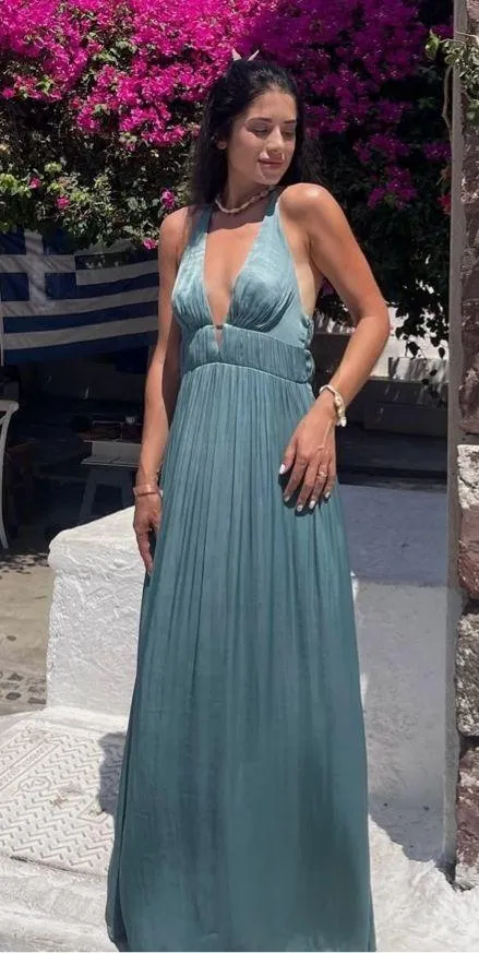 Zara maxi dress boho pleated Teal Evening Gown wedding party cocktail - Image 11