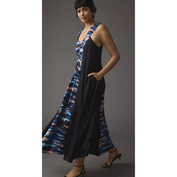 Maeve Anthropologie Tie Dye Watercolor‎ Black Blue Maxi Artsy Tank Flowy Dress - Image 3
