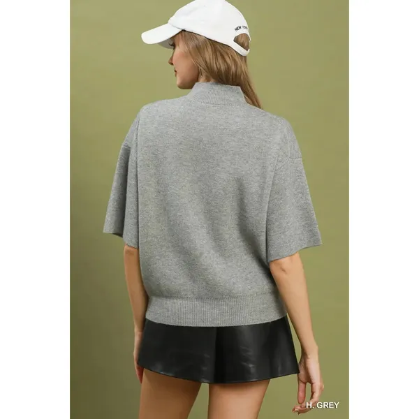 Umgee Mock Neck Short‎ Sleeve Knit Sweater Top - H. Grey - medium - Image 3