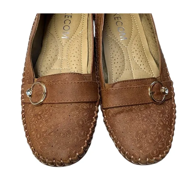 KECOM Women's Floral Textured Casual Brown Embossed Pattern Retro‎ Loafers 8 - Image 5