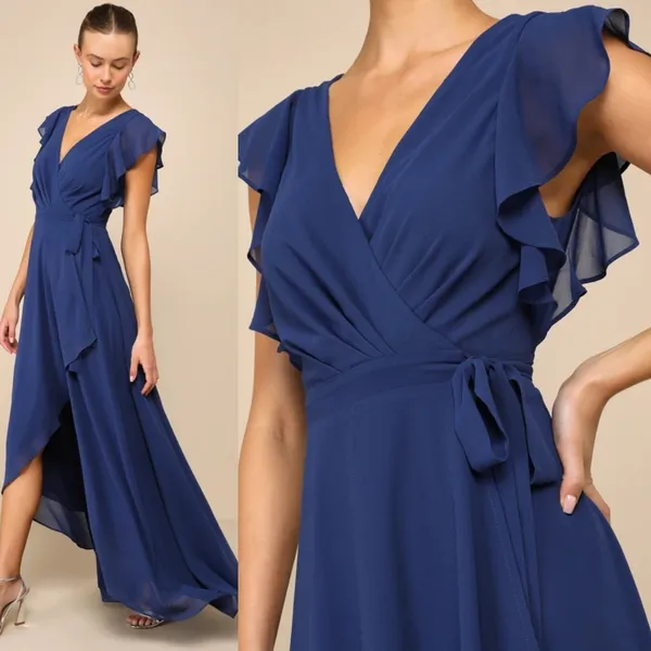 NWT Lulus Ravishing Charm Dark Blue Ruffled Wrap High-Low Maxi Dress Wedding M - Image 5