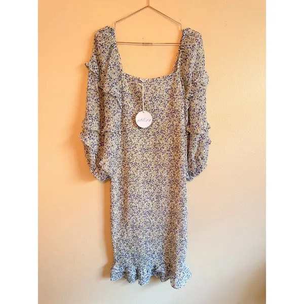 Petal + Pup Dress Womens Large‎ Blue Floral Bonita Shirred Frill Bodycon Midi - Image 5