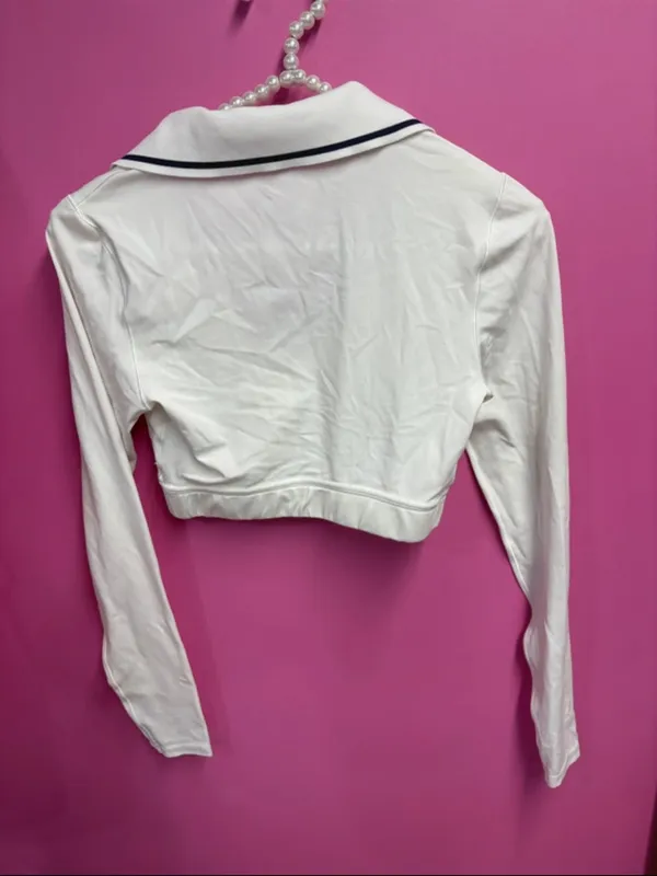 Aerie Cropped White Long-Sleeve Polo Top - Image 2