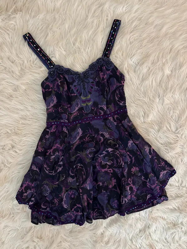 Free People Purple Floral Sequin Tiered Mini Dress - Image 2