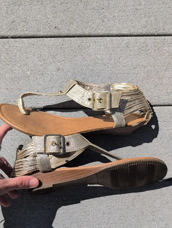 SM New York Tyra T-Strap Sandals | SM New York Strappy Back Gold Sandals - Image 11