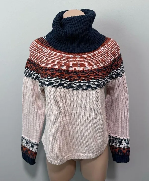 Madewell Brookdale Fair Isle Turtleneck Sweater Navy Orange Fall Small Autumn - Image 2