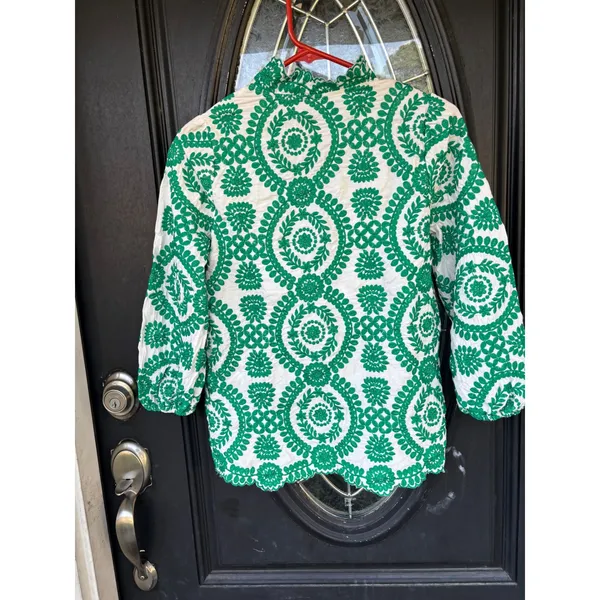 Sunday Up Green White Floral Embroidered Ruffle Neck Blouse Pearl Button Medium - Image 7