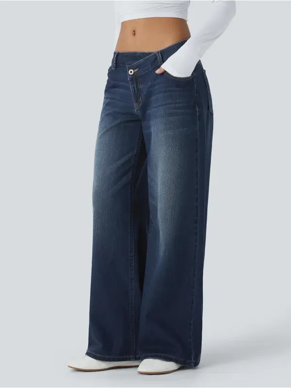 Halara Flex Asymmetric Low Rise Zipper Pockets Baggy Wide Leg Washed Casual Jea - Image 3