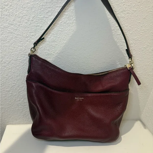 Kate Spade Polly Medium Leather Shoulder Hobo Bag Cherrywood Burgundy Wine - Image 4