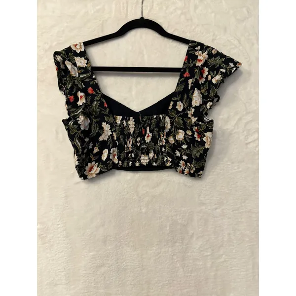 American Eagle Floral Crop Top NWT Womens Small Ruffle Sleeve Smocked Back Black - Image 10