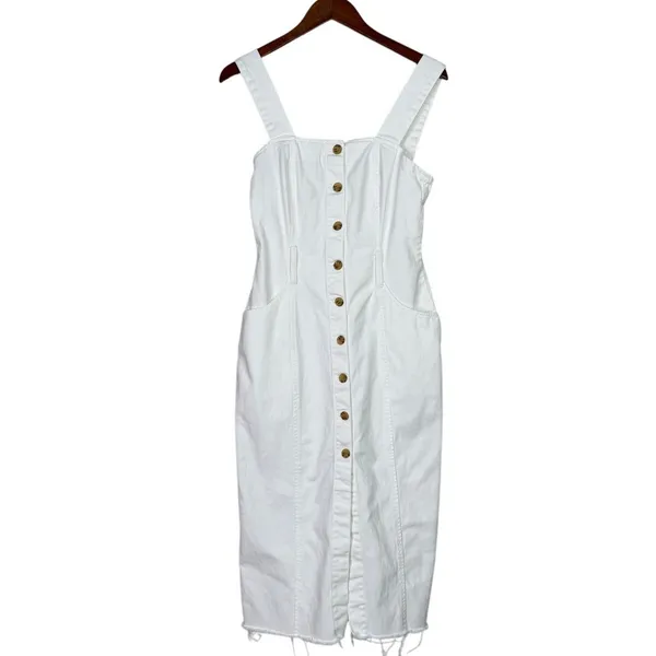 Zara Bodycon Overall Sleeveless Denim Midi Dress Raw Hem Button Down S White - Image 2