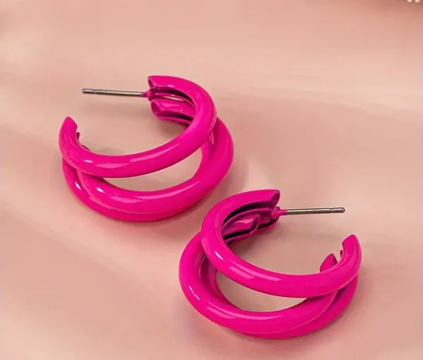 Vibrant Hot Pink Hoop Earrings - Triple Layer C Shape, Durable Iron - Image 4