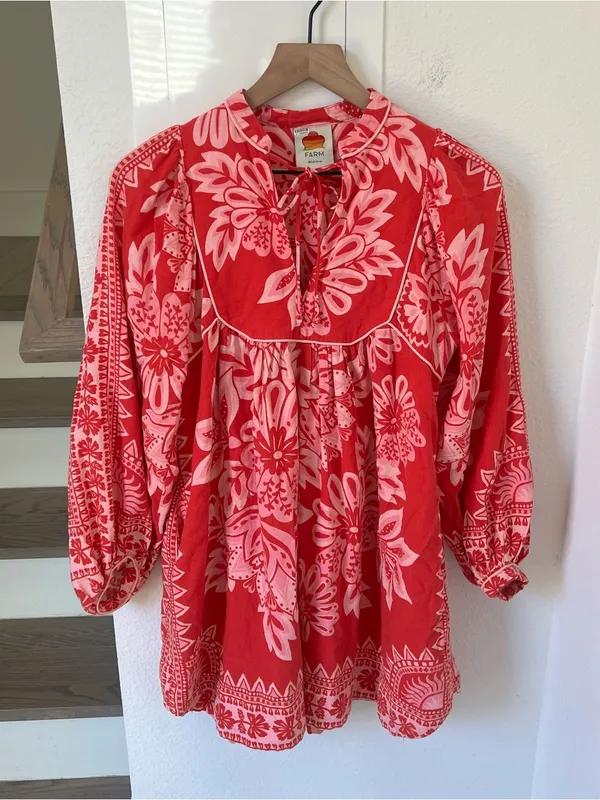 Farm Rio Linen Mini Dress Flora Tapestry Anthropologie Bracelet Long Sleeve Pink - Image 3