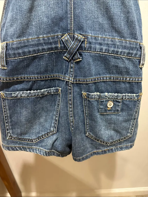 Free People Blue Denim Short Overalls with White Straps - Image 7