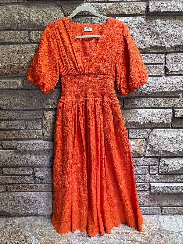 AYR Extra Extra Midi Dress Cara Orange Smocked Waist Tiered Cotton Size Small - Image 4