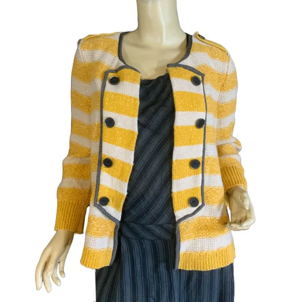 Loft Mustard Yellow, Beige & Gray Striped Cotton Cardigan Sweater (M) - Image 6