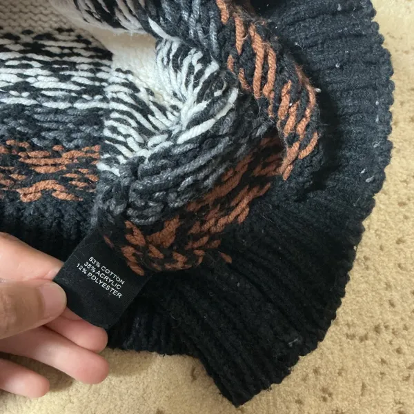 Marled Fair Isle Polo Sweater Women Size S White Black Brown Knit V-Neck Slv - Image 5