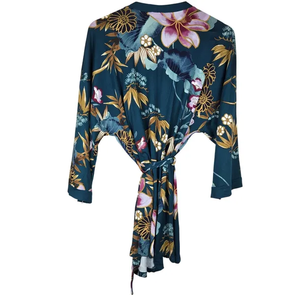 Linea Donatella Teal Floral Robe & Pants MHK197 Large NWT Pajama Set - Image 3