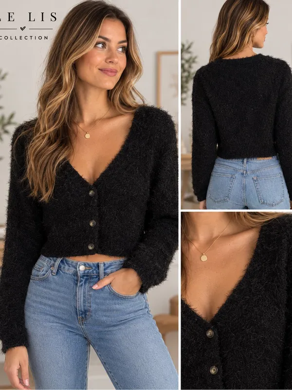 Le Lis Black Fuzzy Cropped Button Front Cardigan Sweater Size Small NWT - Image 2