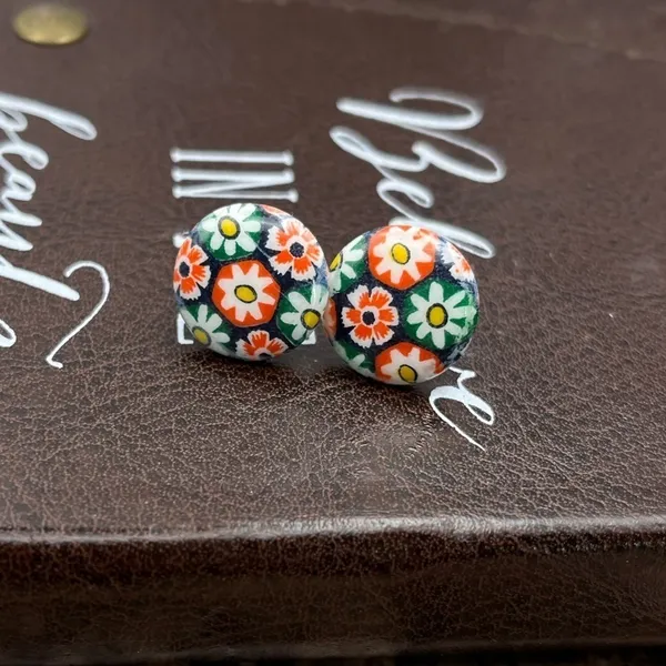 Vintage 60s Millefiori Glass Earrings Boho Stainless Steel - Image 8