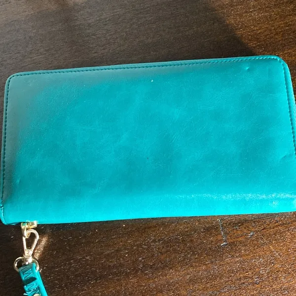 Chelmon Teal Leather Wristlet wallet with guitar wide strap zipper pull - Image 6