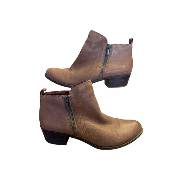 Lucky Brand Basel Ankle Bootie Women’s 9.5 Brown Leather Heeled Boot Double Zip - Image 2