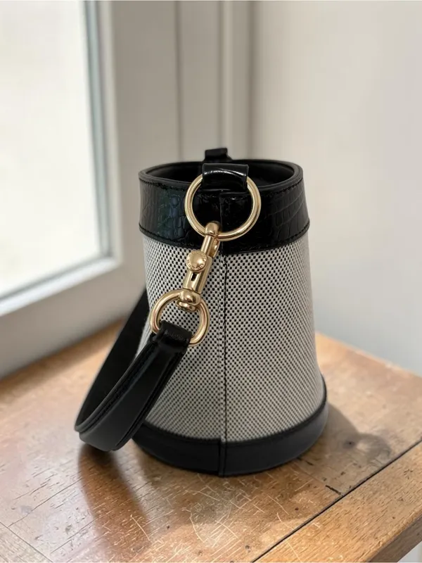 Jason Wu Textured Canvas Leather Crocodile Trim Bucket Bag - Image 3