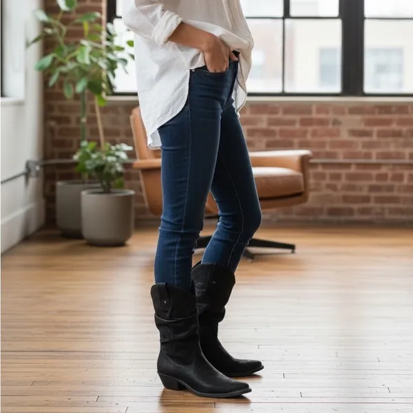 American Rag Black‎ Western Cowboy Boots Ruched Slouchy Block Heel Ankle Boot - Image 2