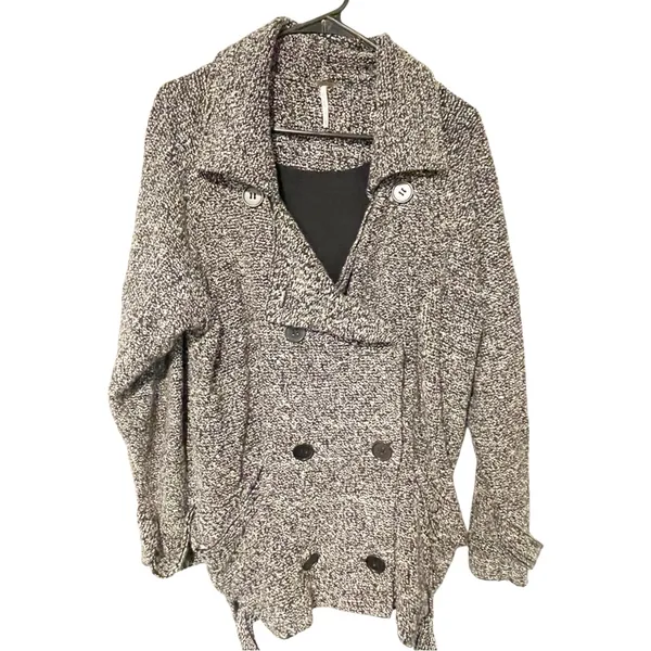 Free People‎ Jacket Small Black Double Breasted Wool Oversized Moto Trench Coat - Image 2