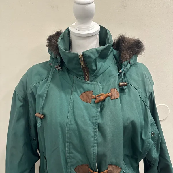 Y2K 90s London Fog Green Thinsulate Bomber Jacket Faux Fur Hood Toggle Womens M - Image 4