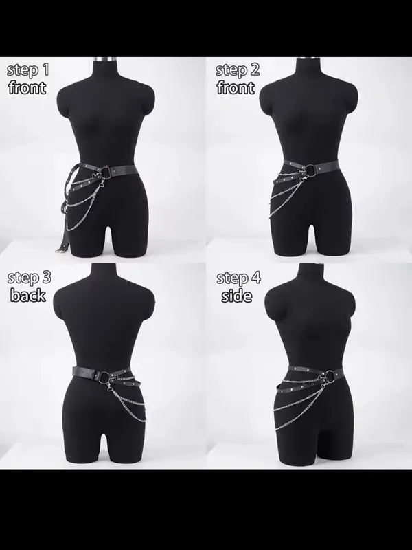 Black Studded Leather Chain Waist Belt - Women Accessories - Image 8