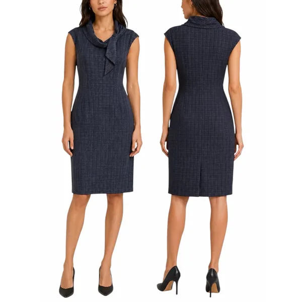 Classiques Entier Check Sheath Dress Bow Neck Gray Brown Size 6 - Image 2