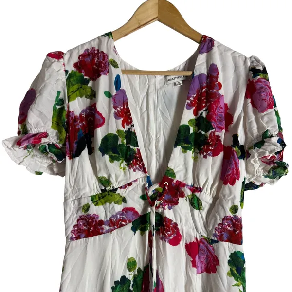 Ashley Park White Floral Print Lace Up Corset Ruffle Hem V-Neck Mini Dress 12 - Image 6