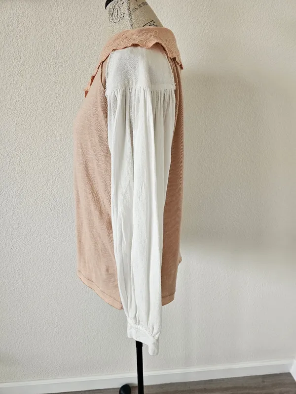 Free People NWT "I'm The One" Mixed Media Top XS Blush Pink Lace Collar​ - Image 4