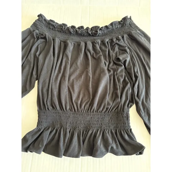 Lauren Ralph Lauren Black Off-Shoulder Smocked peplum Blouse S long sleeve - Image 7