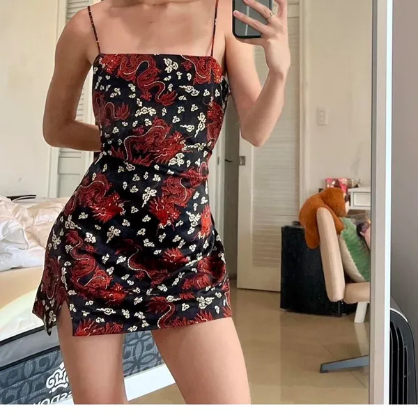 Zara Floral Black and Red dragon Satin Mini Dress like new - Image 2
