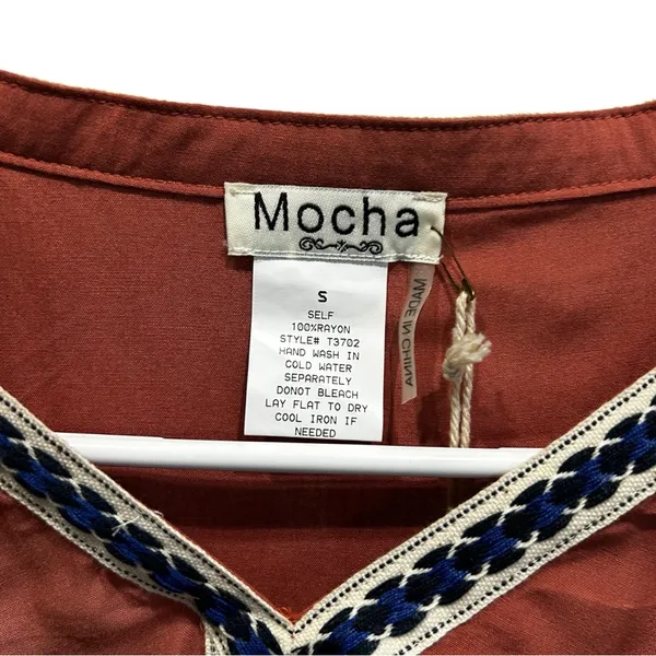 Mocha Apparel Rust Embroidered Boho Peasant Blouse Balloon Sleeve S NWT - Image 5