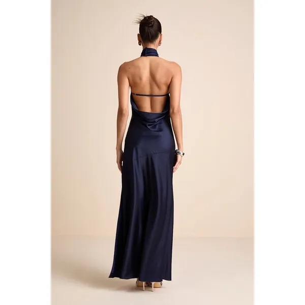 NWT Lulus Madalena Navy Satin Cowl Back Maxi Dress Holiday Banquet Gala Party S - Image 3