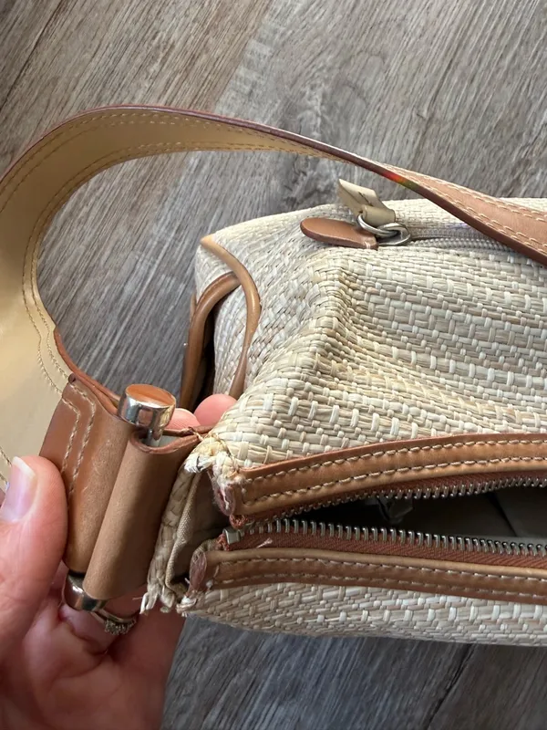 VTG Liz Claiborne Woven Beige Tan Straw Shoulder Bag Brown Trim Grandma Core S M - Image 15