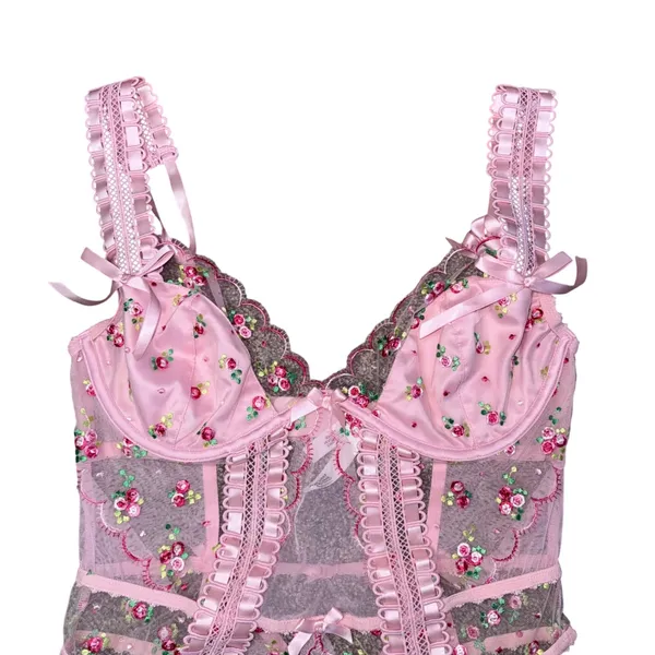 For Love & Lemons Bodysuit Womens Large Pink Excellent Floral Embroidered Lace - Image 2