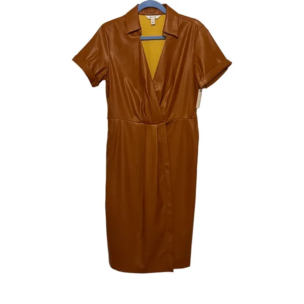 Nine West Dress Womens Size M Brown Faux Leather Wrap Short Sleeve Collar V Neck - Image 2