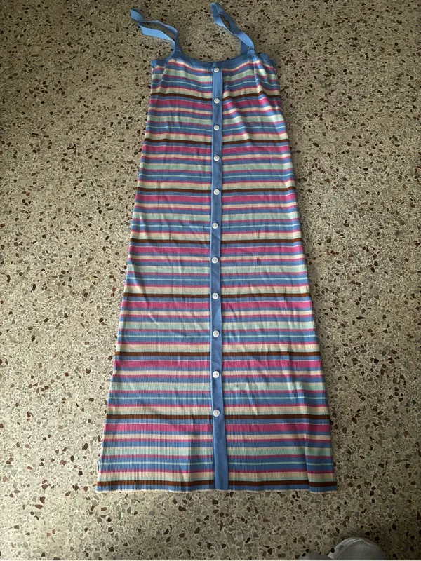 FRNCH Tania Stripe Ribbed Midi Dress colorful pastel striped patte large - Image 2