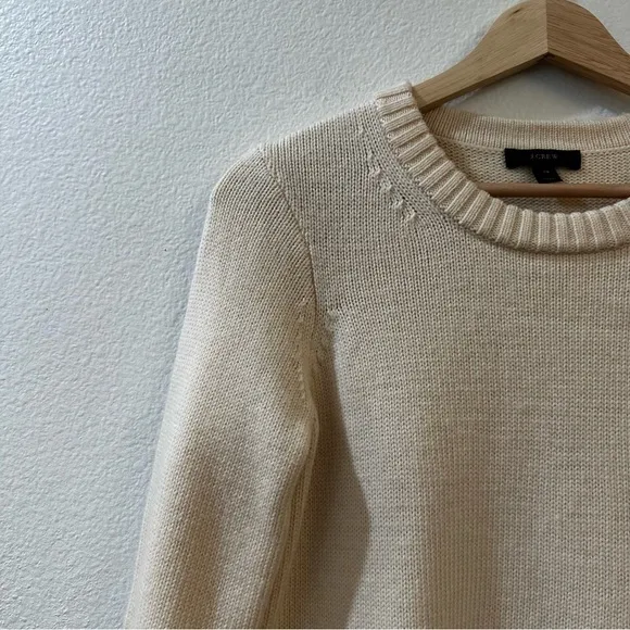 J.‎ Crew 100% Wool Sweater 3/4 Sleeve Stripe Trim XS Cream Gray Preppy Academia - Image 3